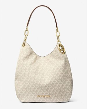 LILLIE <br> Grand sac porté épaule avec logo - Vanille / Noisette
