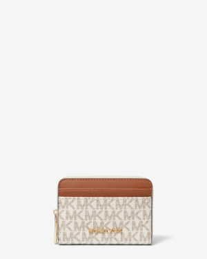 JET SET <br> Petit porte-cartes entièrement zippé à logo Signature - Vanille / Noisette