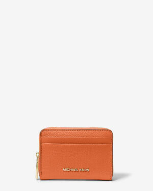 JET SET <br> Petit porte-cartes entièrement zippé en cuir grainé - Orange Vif