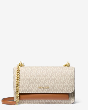 CLAIRE • Grand sac porté épaule à logo Signature - Vanille/Noisette